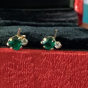 Tiny emerald and gold and diamond post earrings